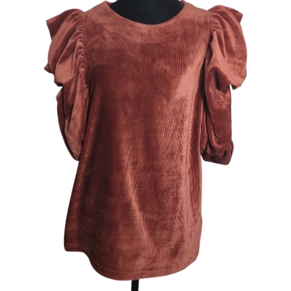 THML Large Rust Cordorouy Puff Sleeve Key Hole Neck Blouse 80's Vibe, Feminine - Picture 2 of 8